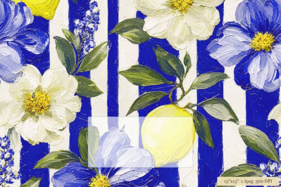 Download Blue Stripe Lemon Floral Oil Pattern Art - Oil Collection