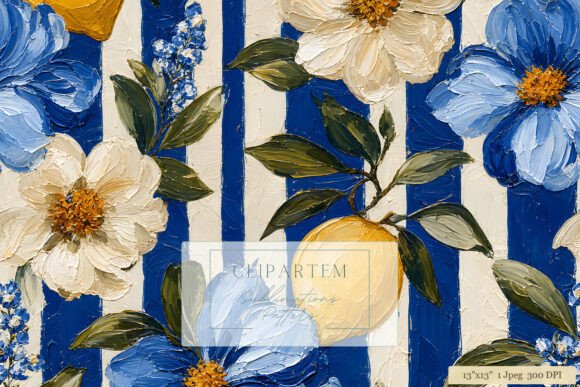 Download Blue Stripe Floral Lemon Oil Pattern - Oil Collection
